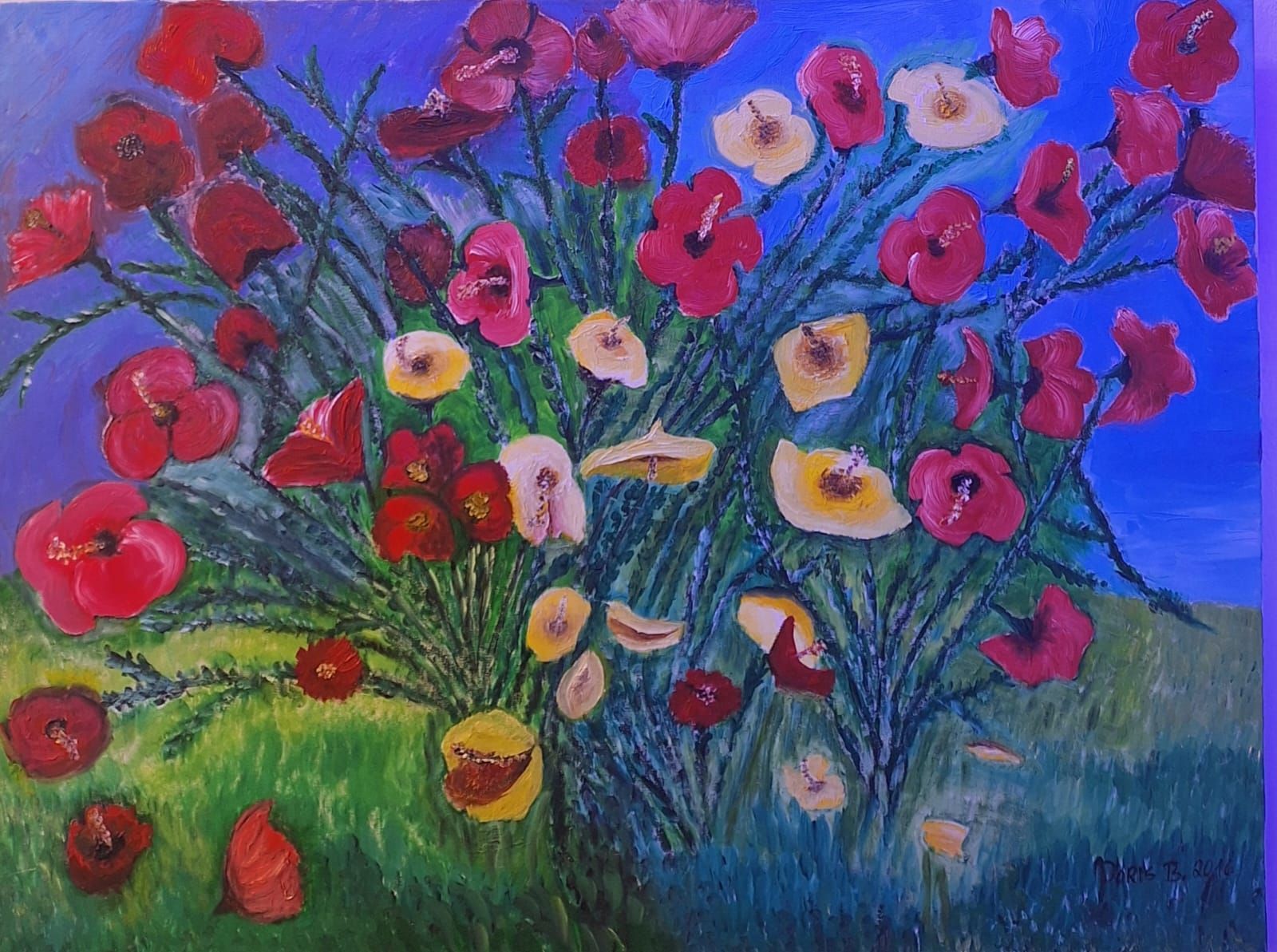 Gemälde eines Blumenstraußes mit bunten Blumen