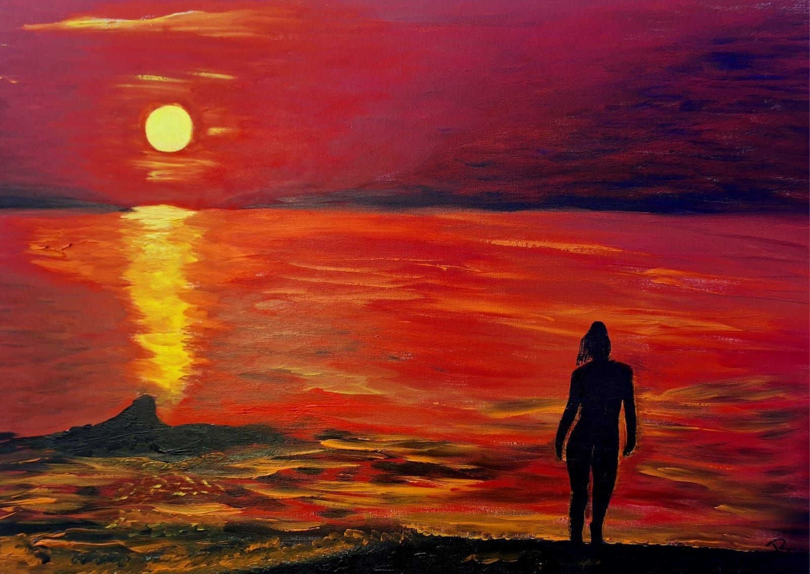 Gemälde mit der Silhouette Frau am Strand, die den blutroten Sonnenuntergang betrachtet