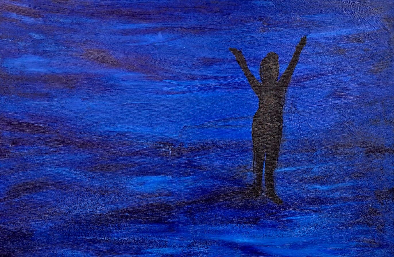 Gemälde mit dunkelblauem Hintergrund und der Silhouette einer Person