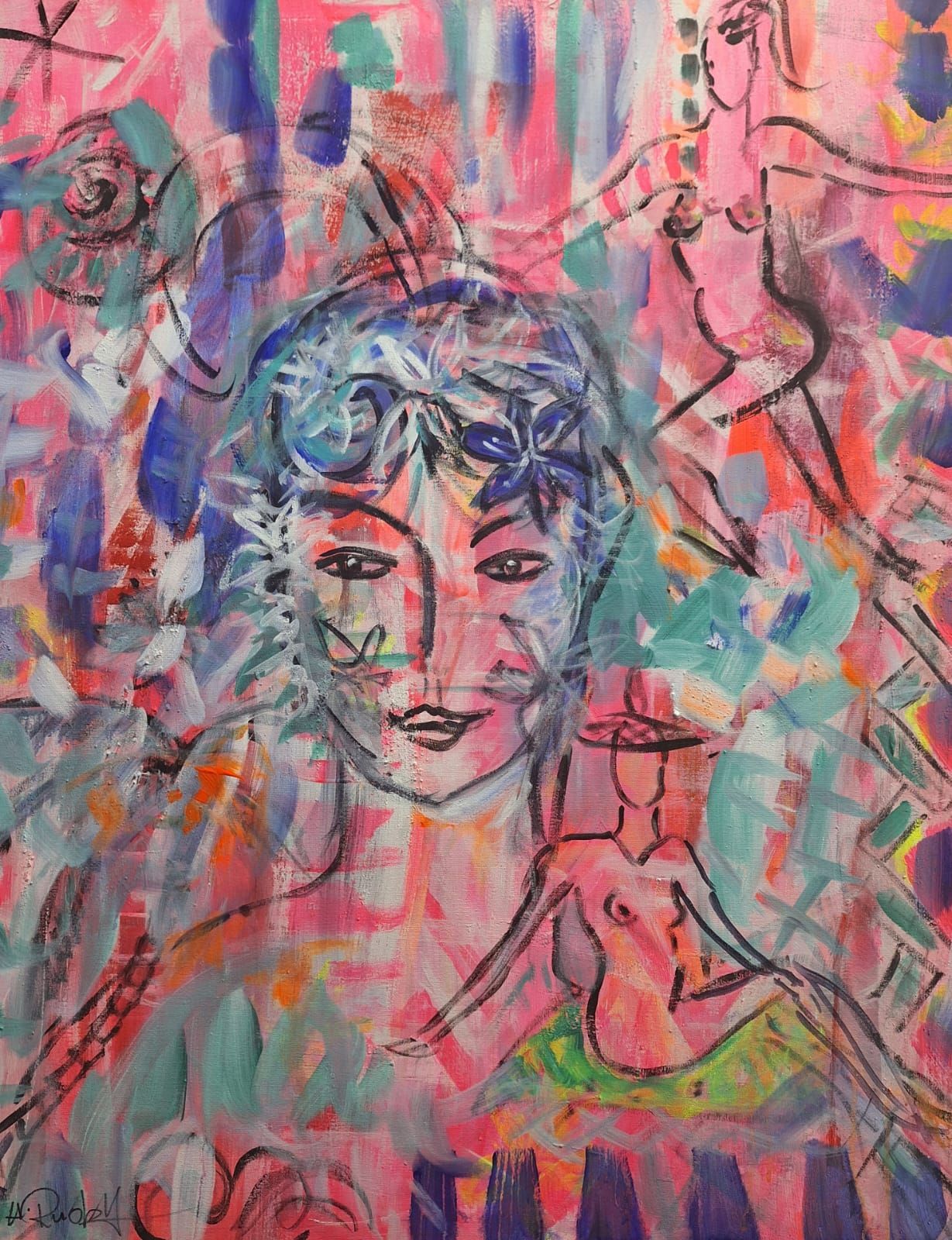 Gemälde mit dem Porträt einer Frau und diversen Personen um sie herum und abstraktem Hintergrund