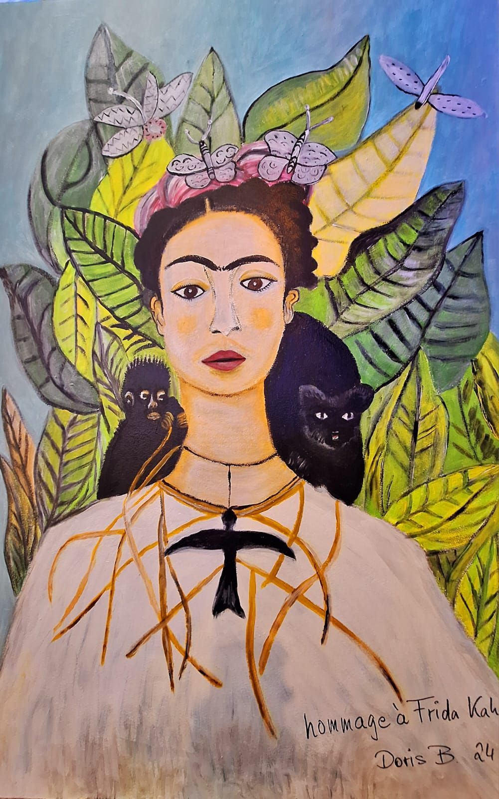 Gemälde einer Frau im Jungel mit Tieren auf den Schultern