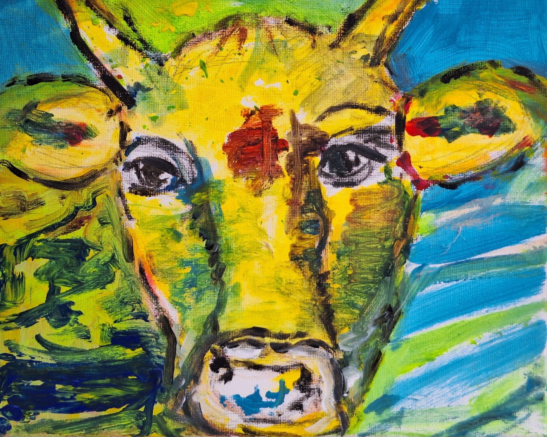 Gemälde einer gelben Kuh mit Blau-Grünem Hintergrund