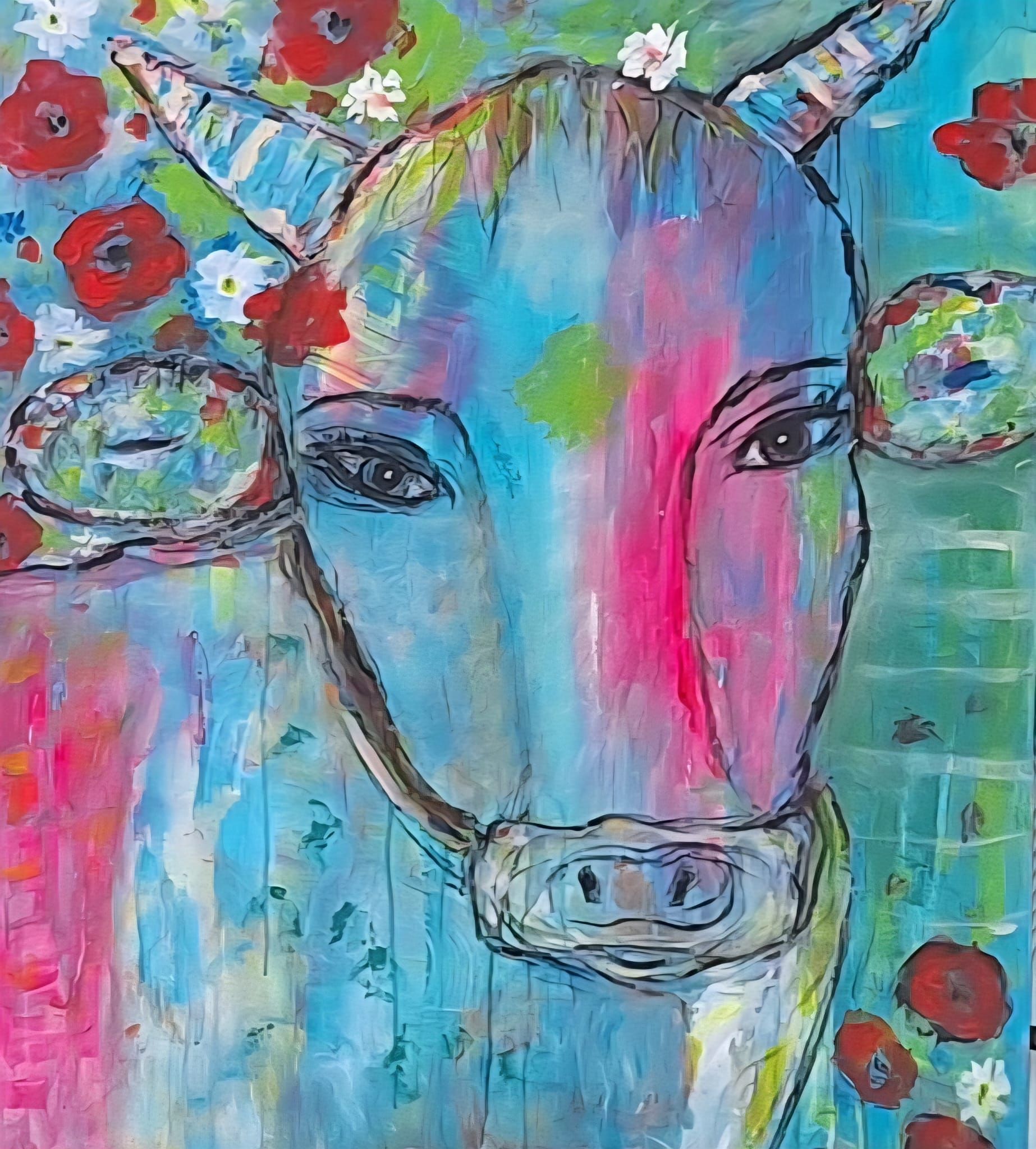 Gemälde einer Kuh in Blau-Grün-Pinktönen mit roten und weißen Blumen