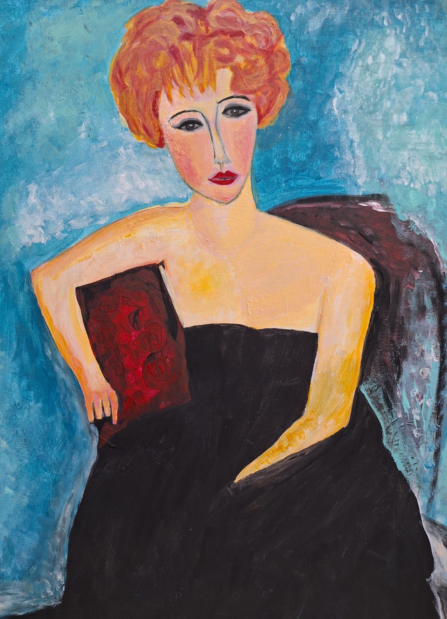 Gemälde mit dem Porträt einer Frau im schwarzen Kleid, die auf einem Stuhl sitzt