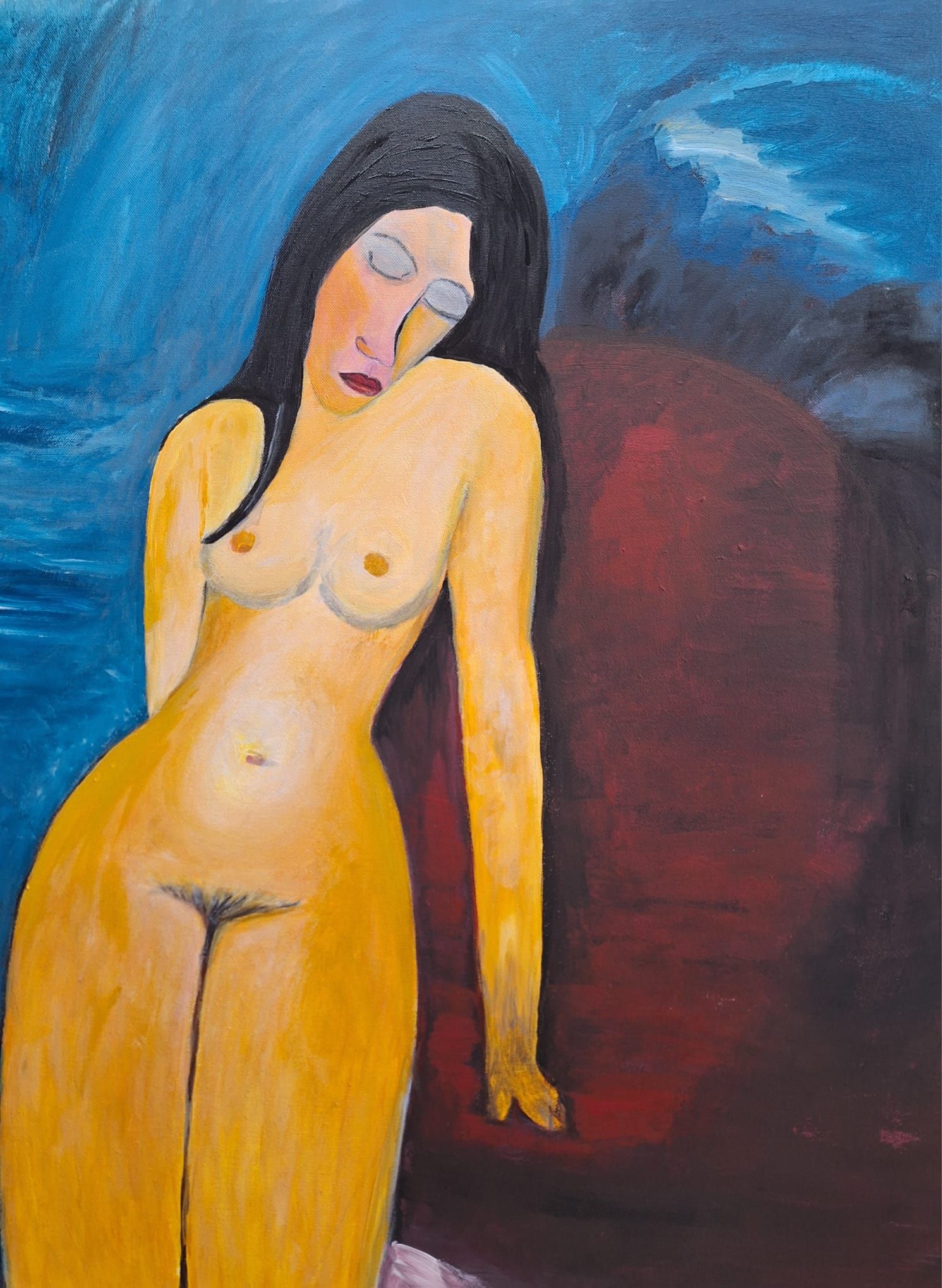 Gemälde mit dem Porträt einer nackten Frau, die auf einem Sessel posiert