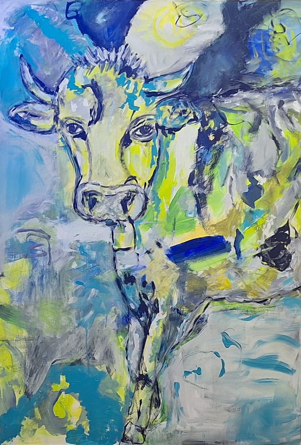 Gemälde einer Kuh in Blau-Grüntönen