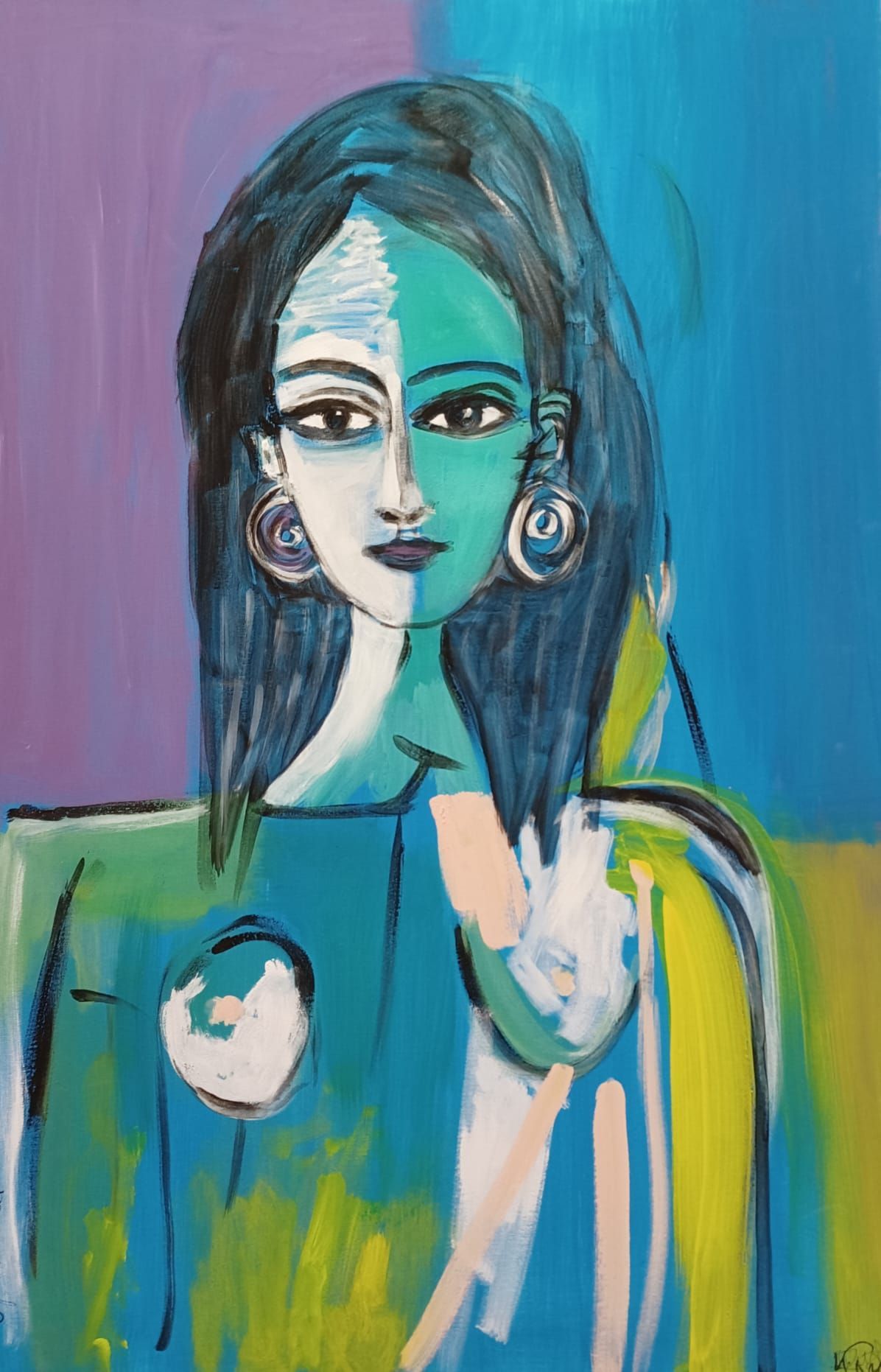 Gemälde mit dem Porträt einer Frau in abstrakten Farben Grün, Gelb, Blau und Violett