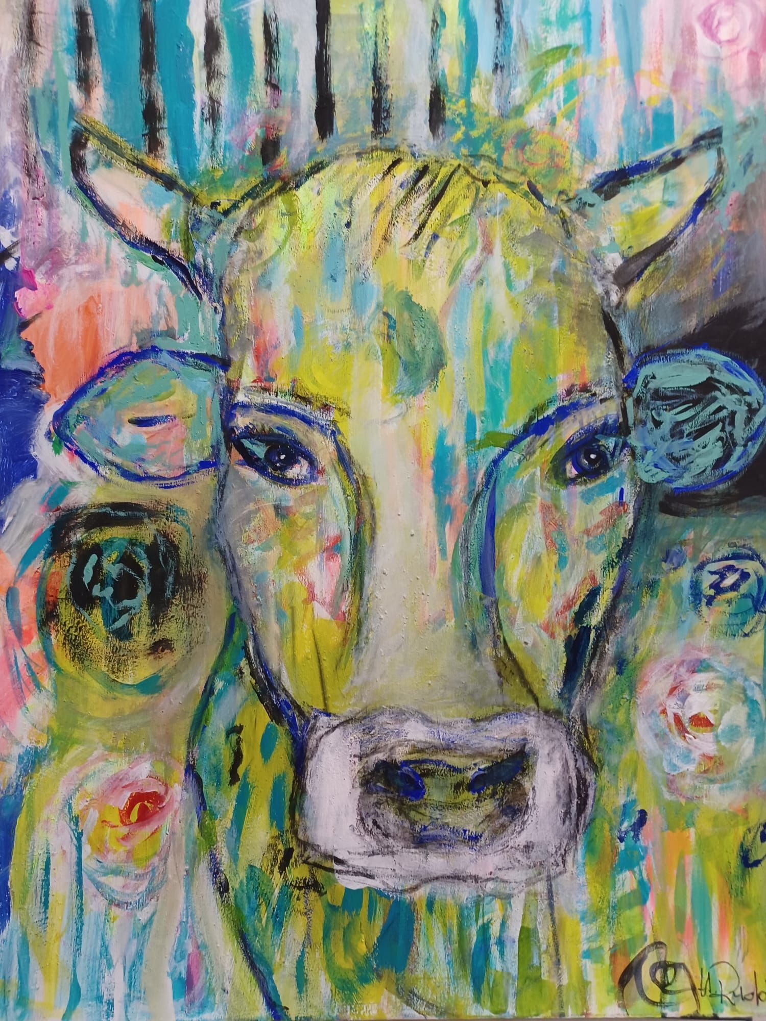 Gemälde einer Kuh in bunten Farben