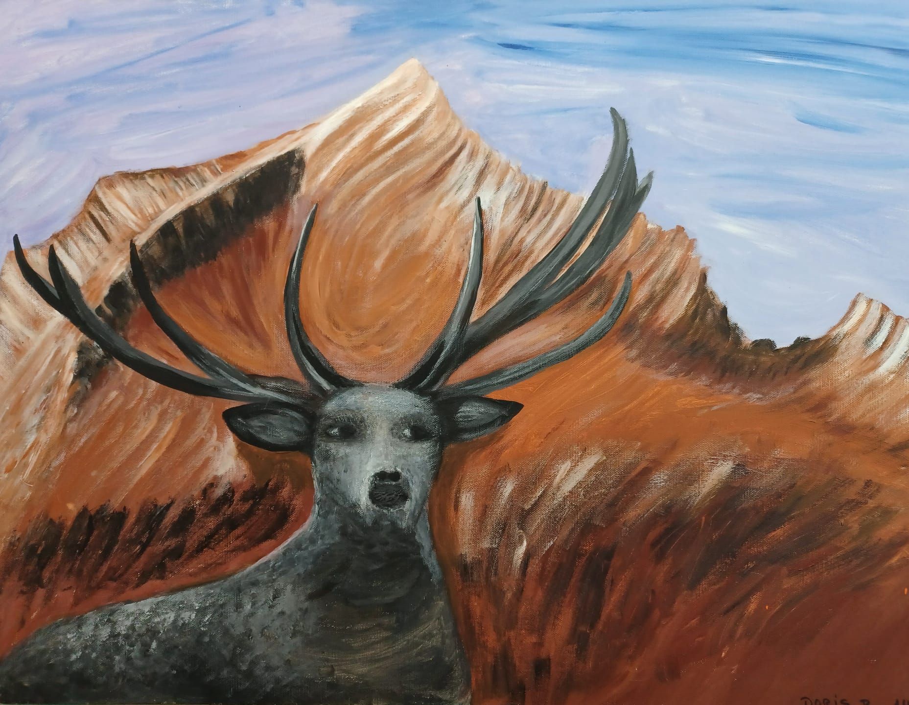 Gemälde mit dem Porträt eines Hirsches in einer kargen Berglandschaft