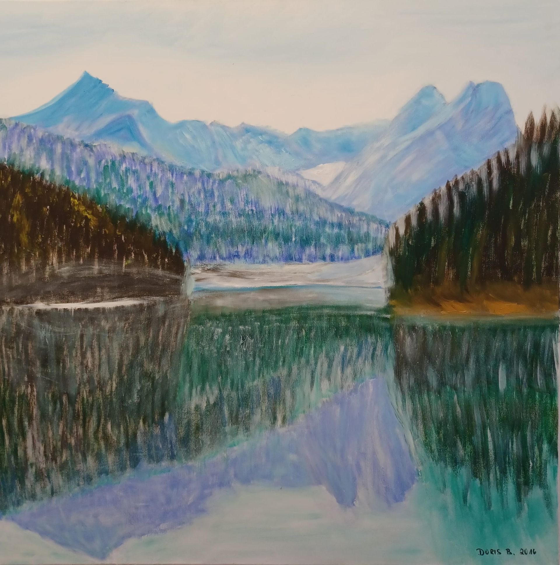 Gemälde einer Landschaft mit einem See, Wald und hohem Bergmassiv