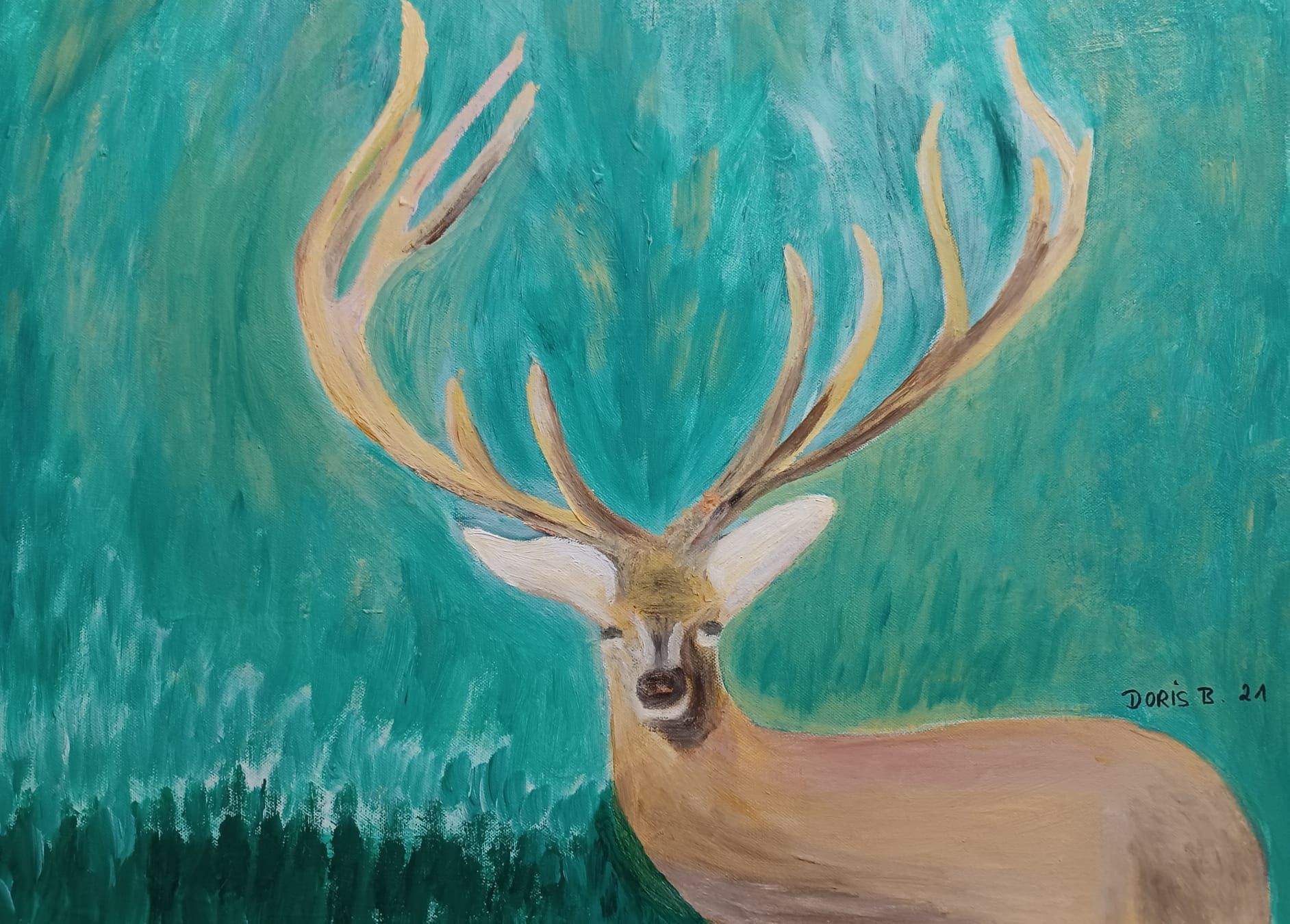 Gemälde mit dem Porträt eines Hirsches auf türkis-grünem Hintergrund