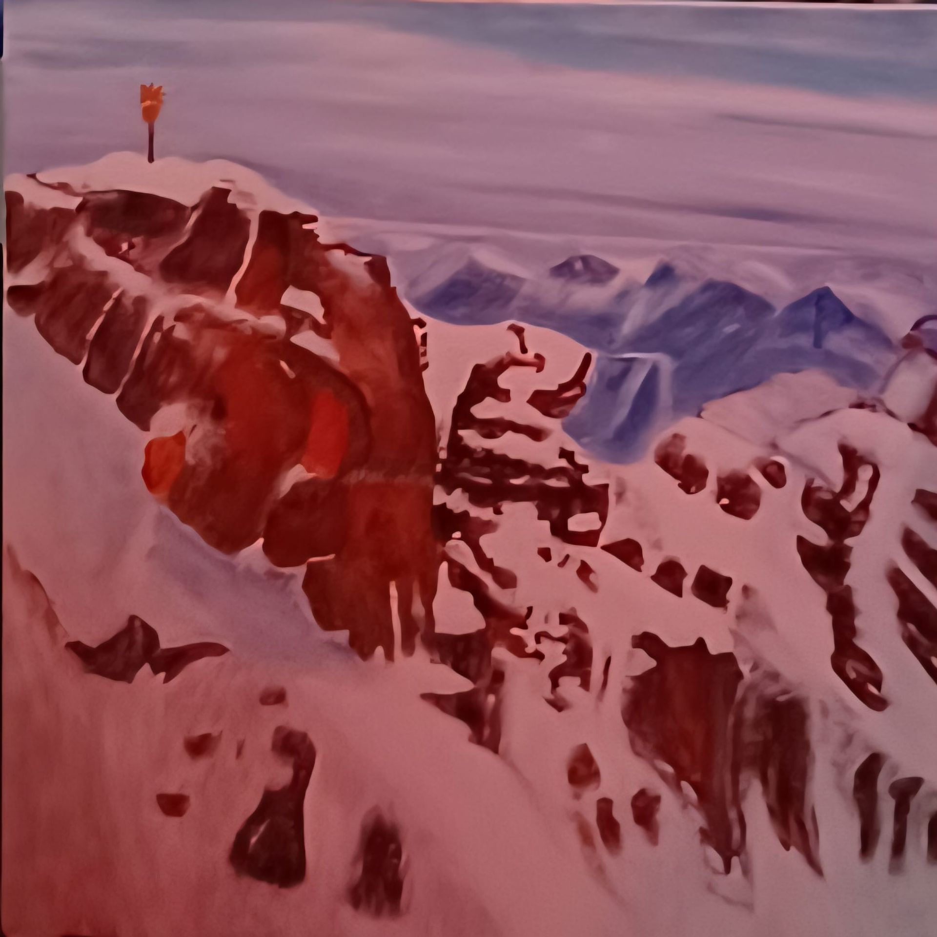 Gemälde eines Bergmassivs mit Schnee, Weitblick und einem Gipfelkreuz