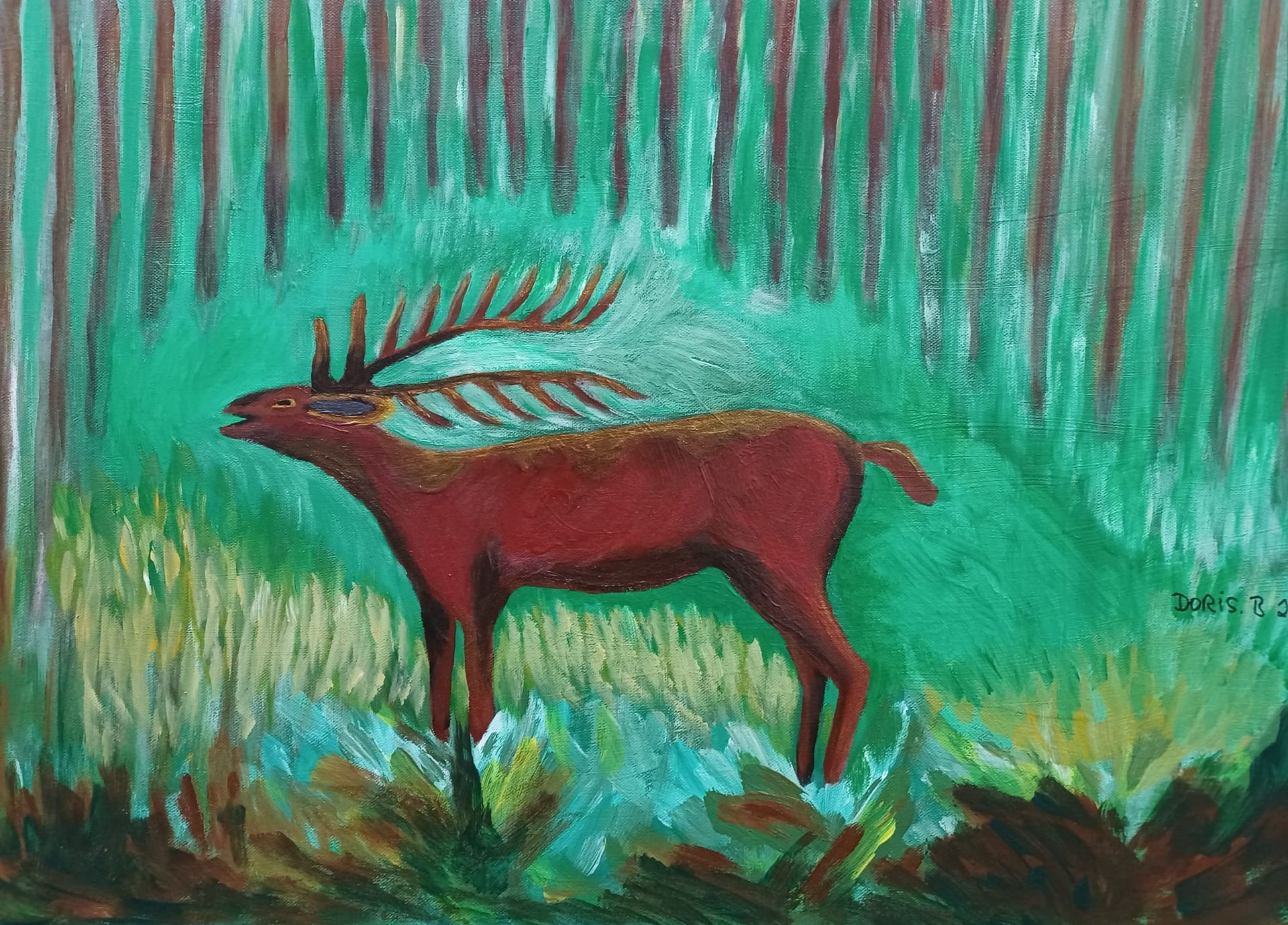 Gemälde eines röhrenden Hirsches im Wald