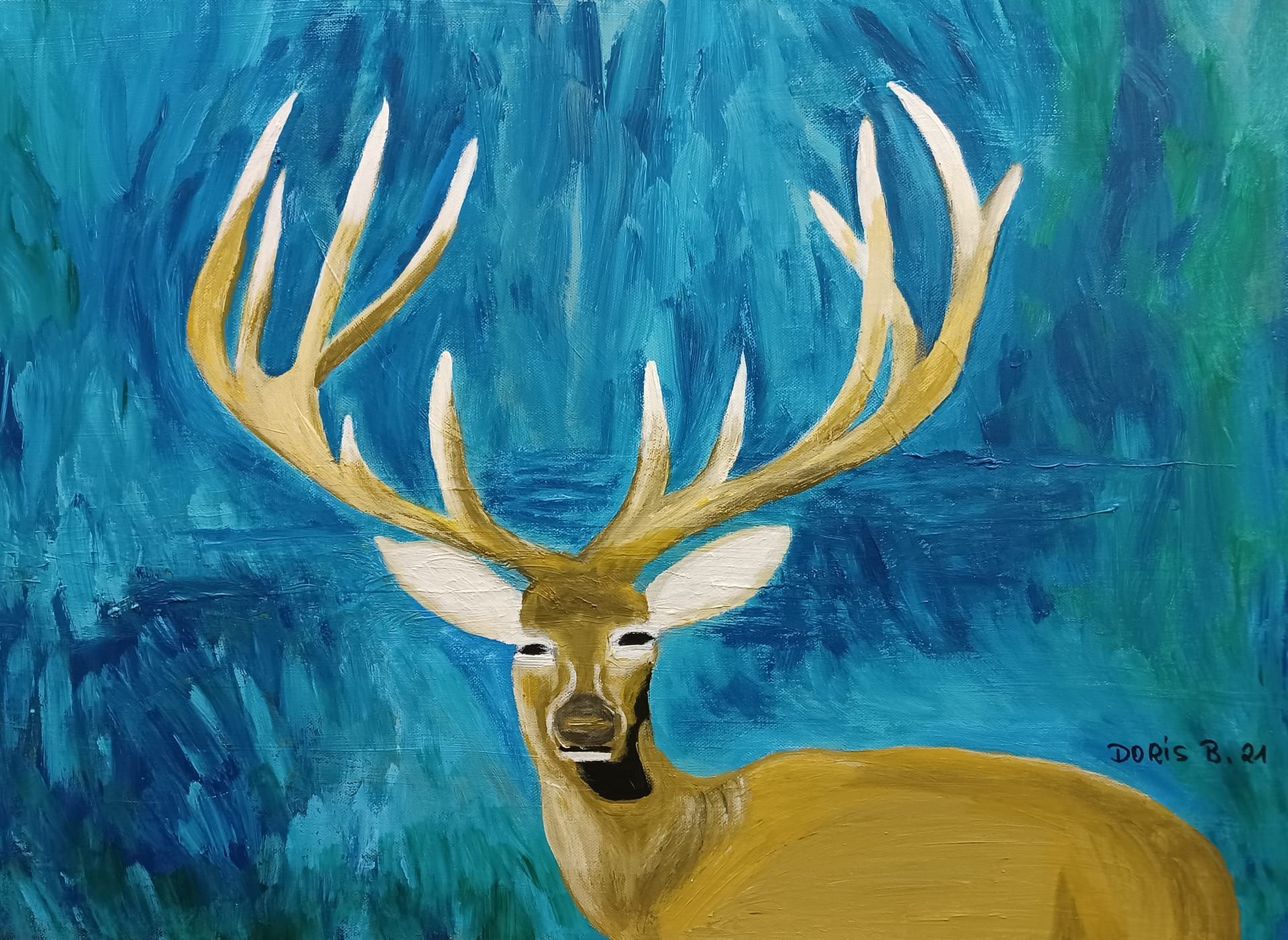 Gemälde mit dem Porträt eines Hirsches auf blau-grünem Hintergrund