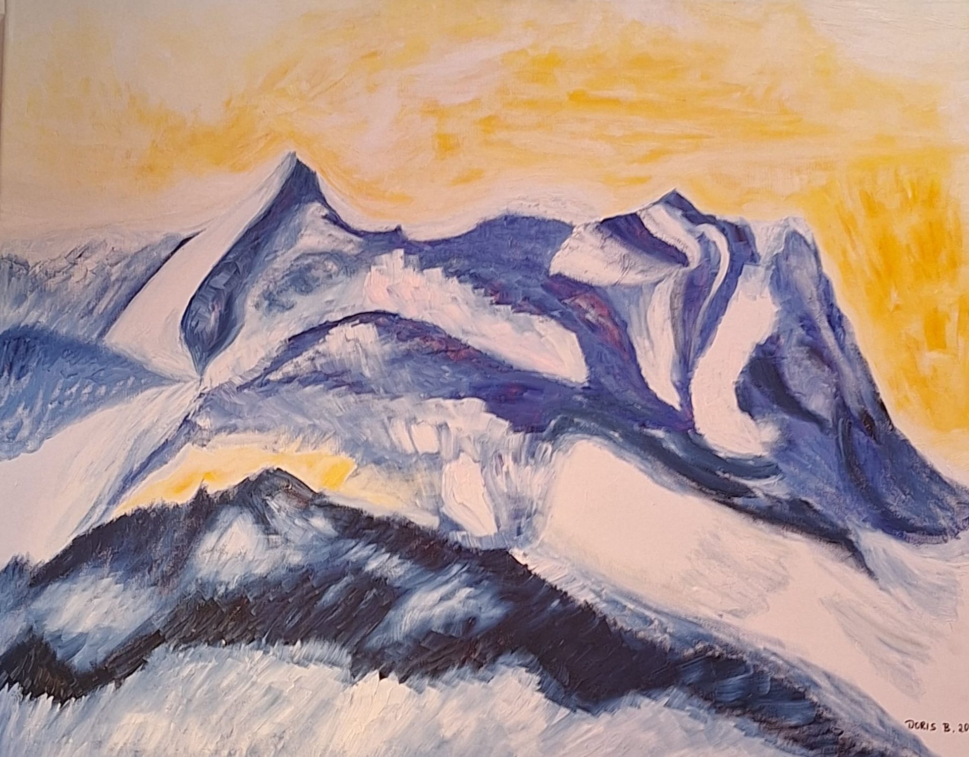 Gemälde eines eisigen Bergmassivs im Sonnenuntergang