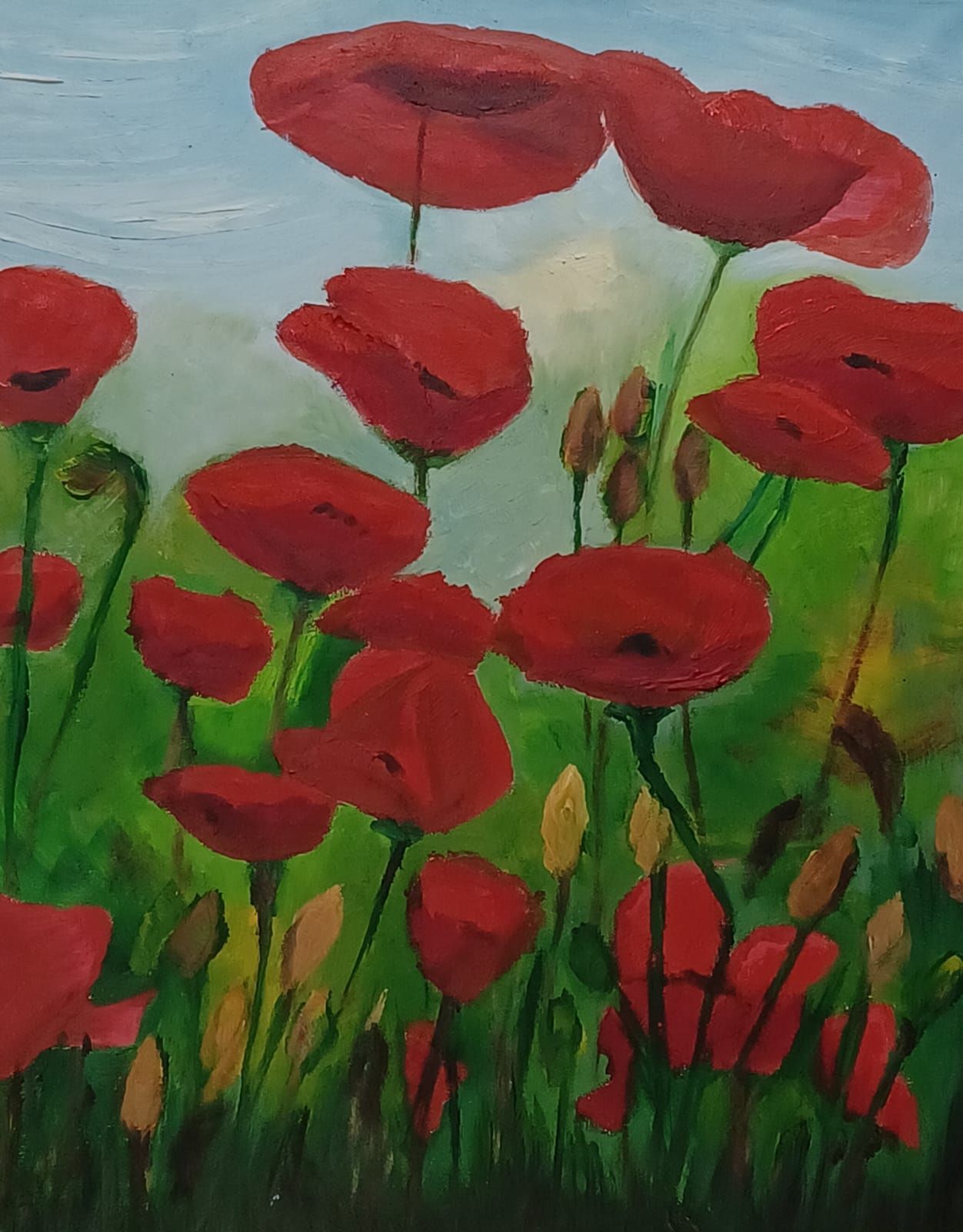 Gemälde von einer Blumenwiese mit leuchtend roten Mohnblumen