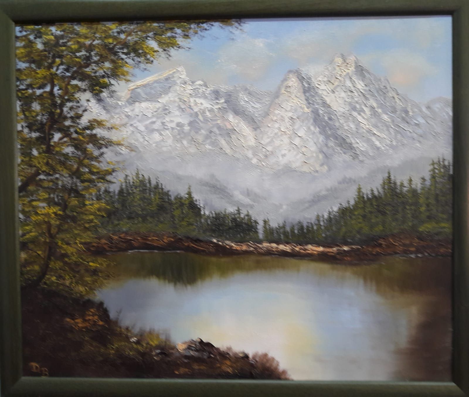 Gemälde einer Landschaft mit einem See, Wald und hohem Bergmassiv