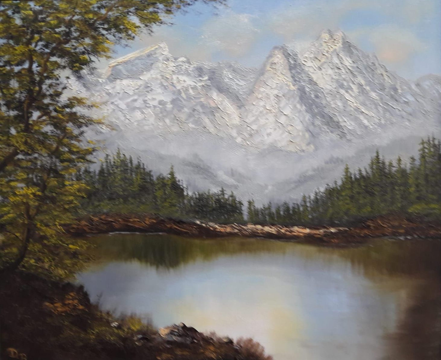 Gemälde einer Landschaft mit einem See, Wald und hohem Bergmassiv