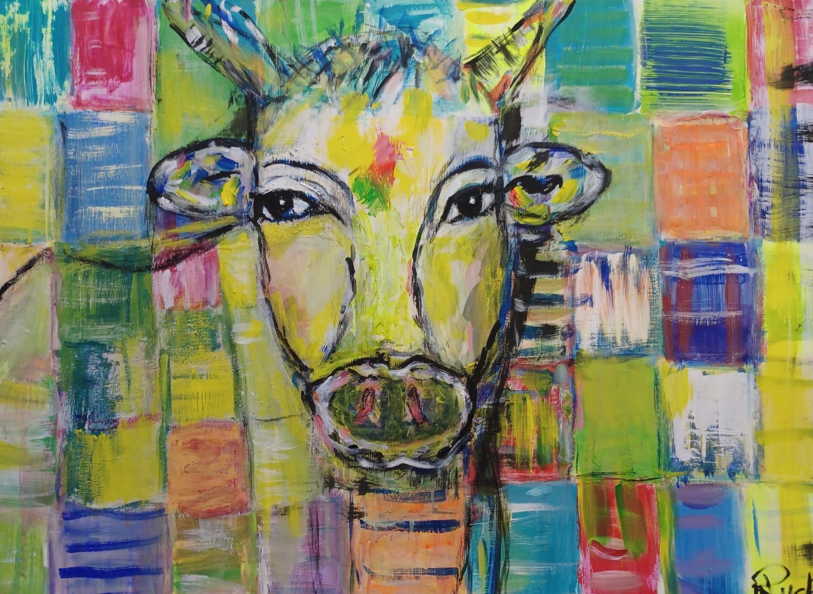 Gemälde einer Kuh mit kariertem Hintergrund