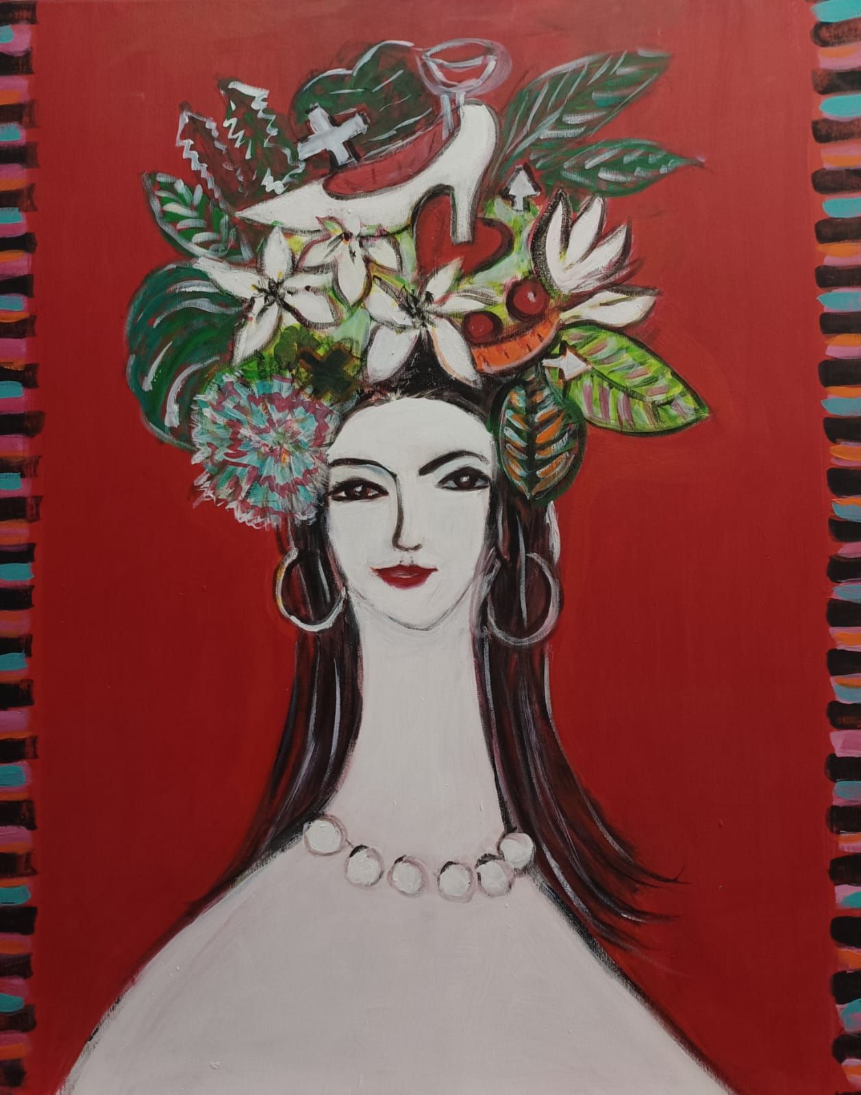 Gemälde mit dem Porträt einer Frau, die diverse Pflanzen, Gegenstände und Schuhe auf dem Kopf trägt