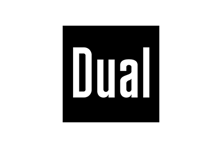 Ein schwarz-weißes Doppellogo auf weißem Hintergrund.