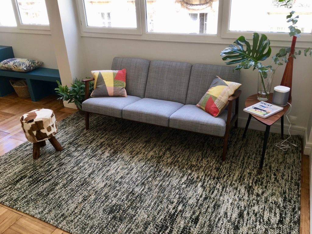 Un canapé gris et un tapis