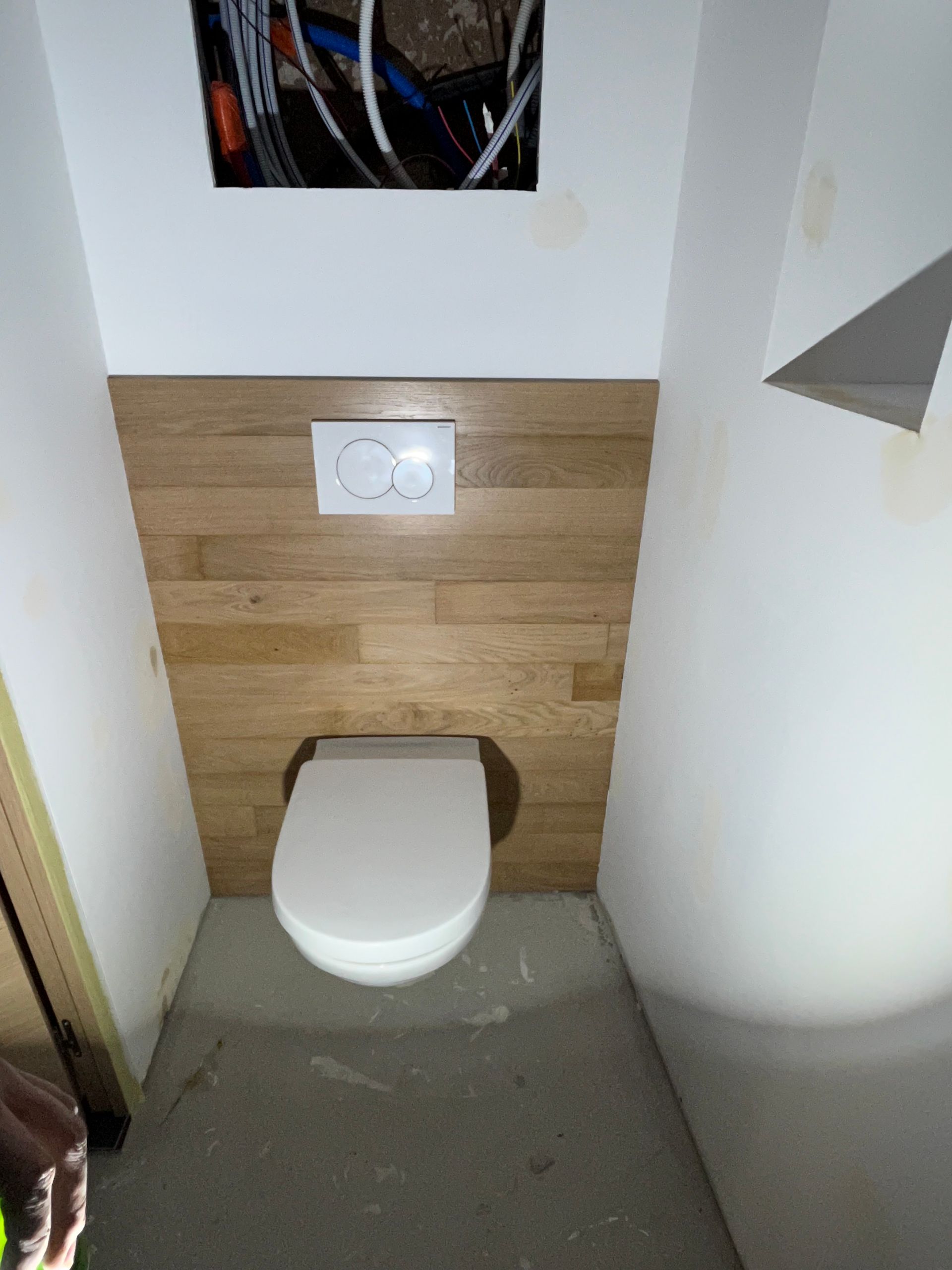 Toilettes suspendues avec du bois derrière et une chasse d'eau murale