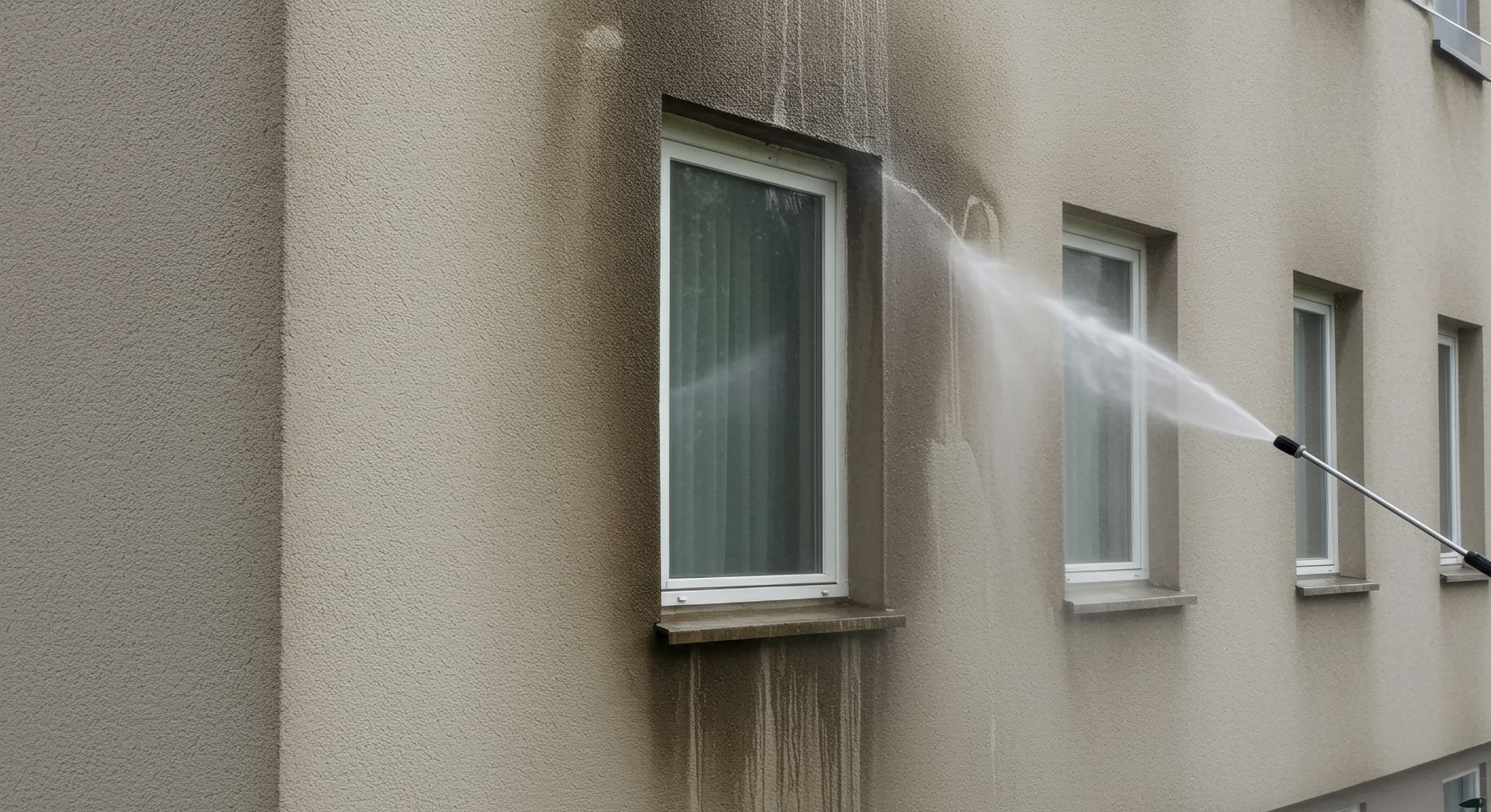 La buse d'un nettoyeur à haute pression projette un jet d'eau sur un mur extérieur sale d'un bâtiment, près d'une fenêtre.