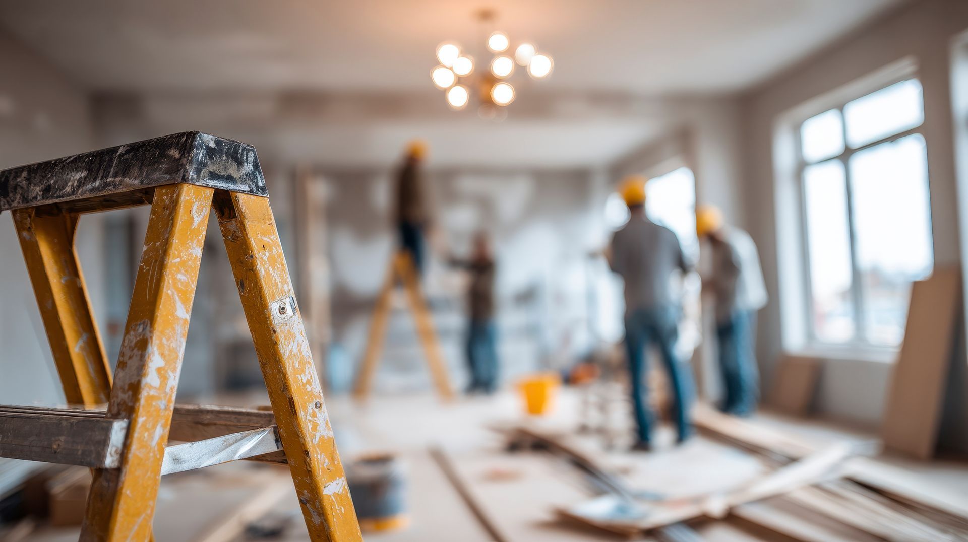 Une échelle jaune au premier plan d'un chantier de construction où des ouvriers rénovent une pièce intérieure lumineuse.