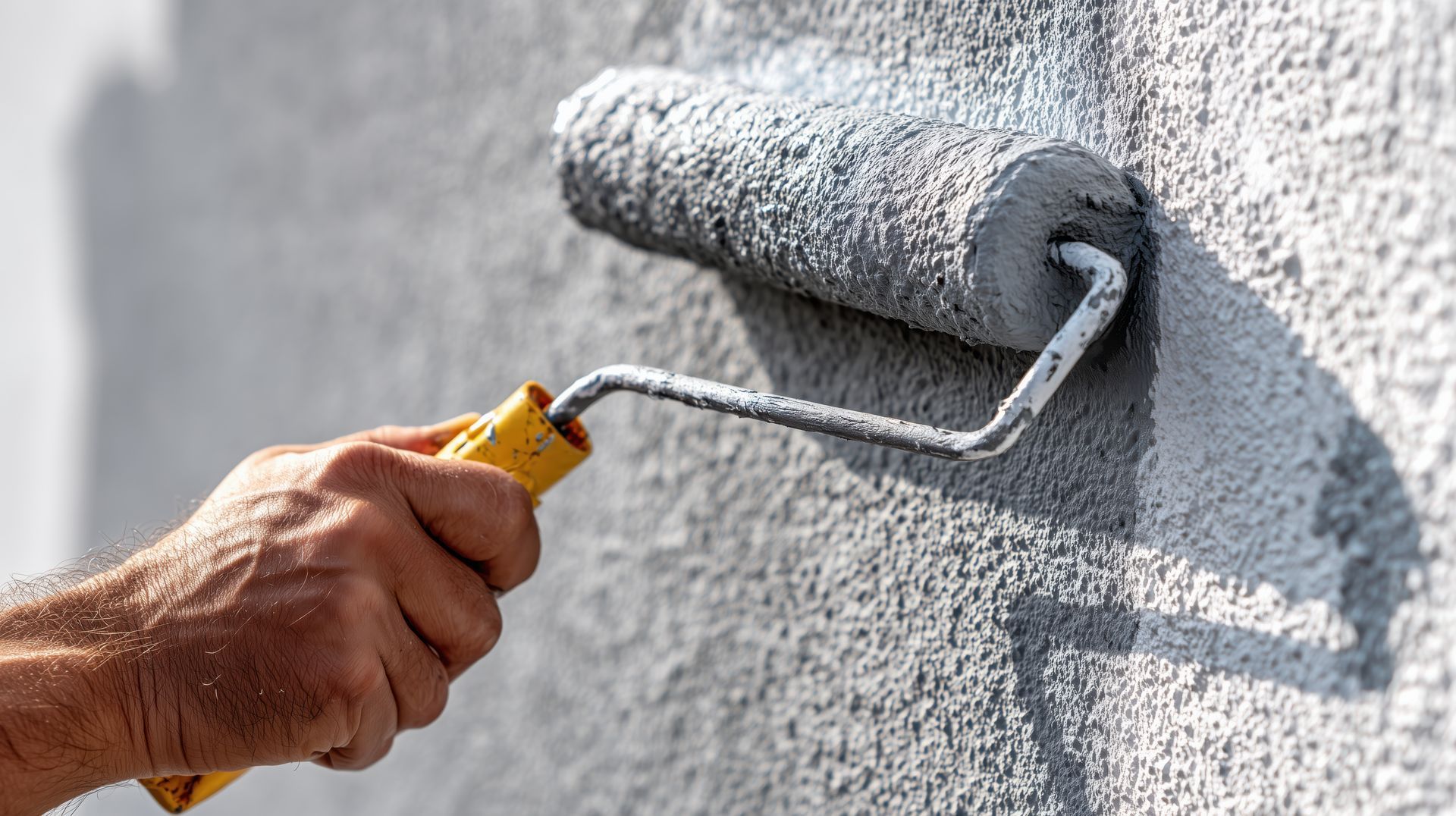 La main d'une personne utilisant un rouleau à manche jaune pour peindre un mur texturé gris clair.