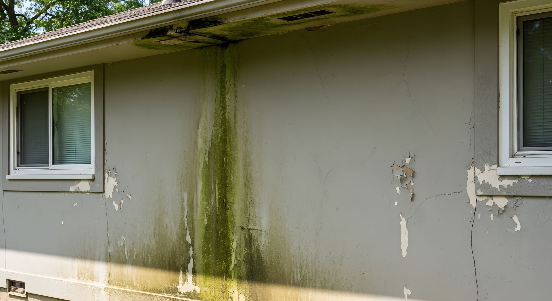 Mur extérieur gris avec des traînées de végétation organique verte provenant d'un soffite endommagé et taché, et des zones de peinture écaillée.