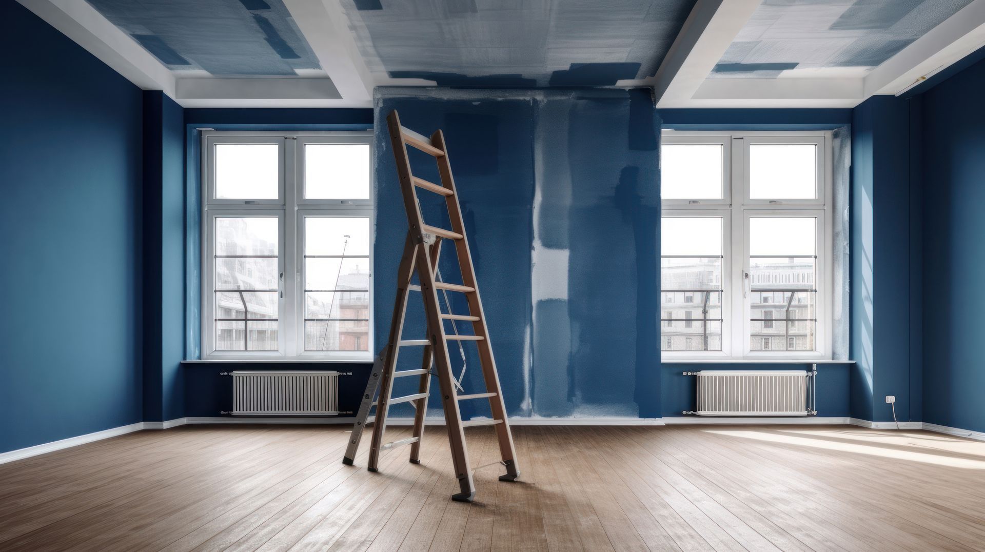 Une échelle en bois se dresse au centre d'une pièce vide aux murs bleus avec du parquet et dotée de deux grandes fenêtres.