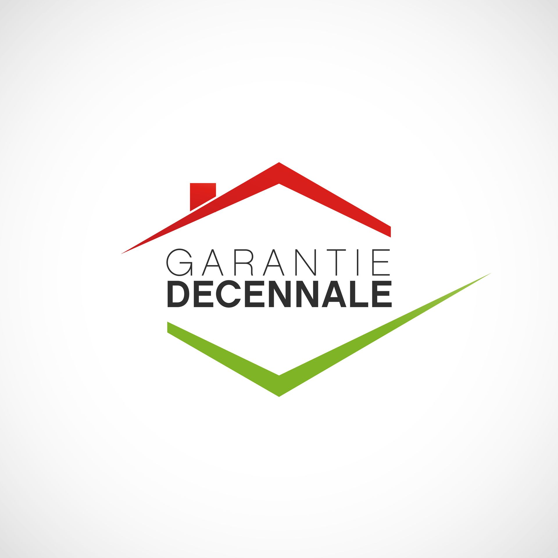 Une icône de toit de maison rouge au-dessus du texte GARANTIE DÉCENNALE avec une coche verte en dessous.