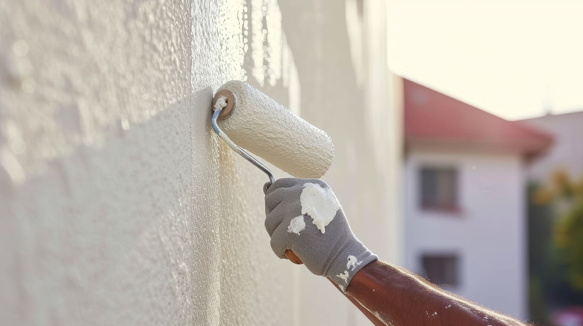 Une personne portant un gant gris utilise un rouleau pour appliquer de la peinture blanche sur un mur extérieur texturé.