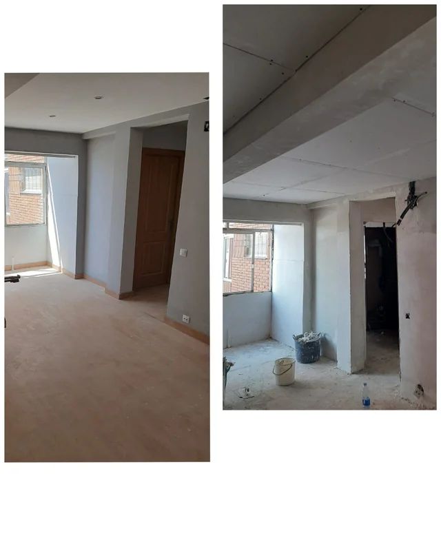 Una fotografía de antes y después de una habitación que está siendo remodelada.