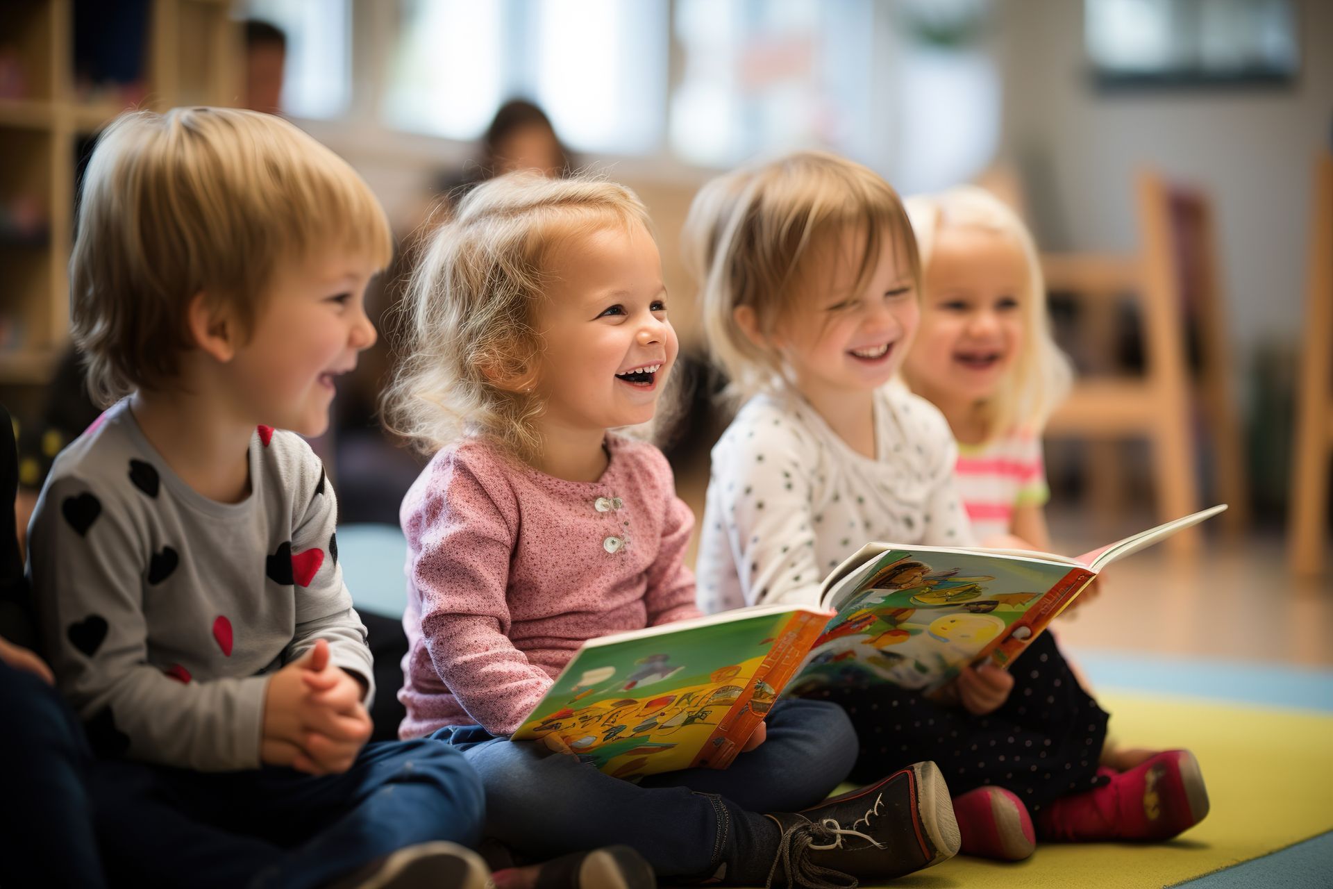Des enfants rigolant et tenant un livre.