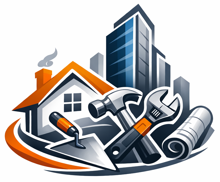 Detrás de una paleta, un martillo, una llave inglesa y unos planos, se ven una casa y edificios de oficinas.