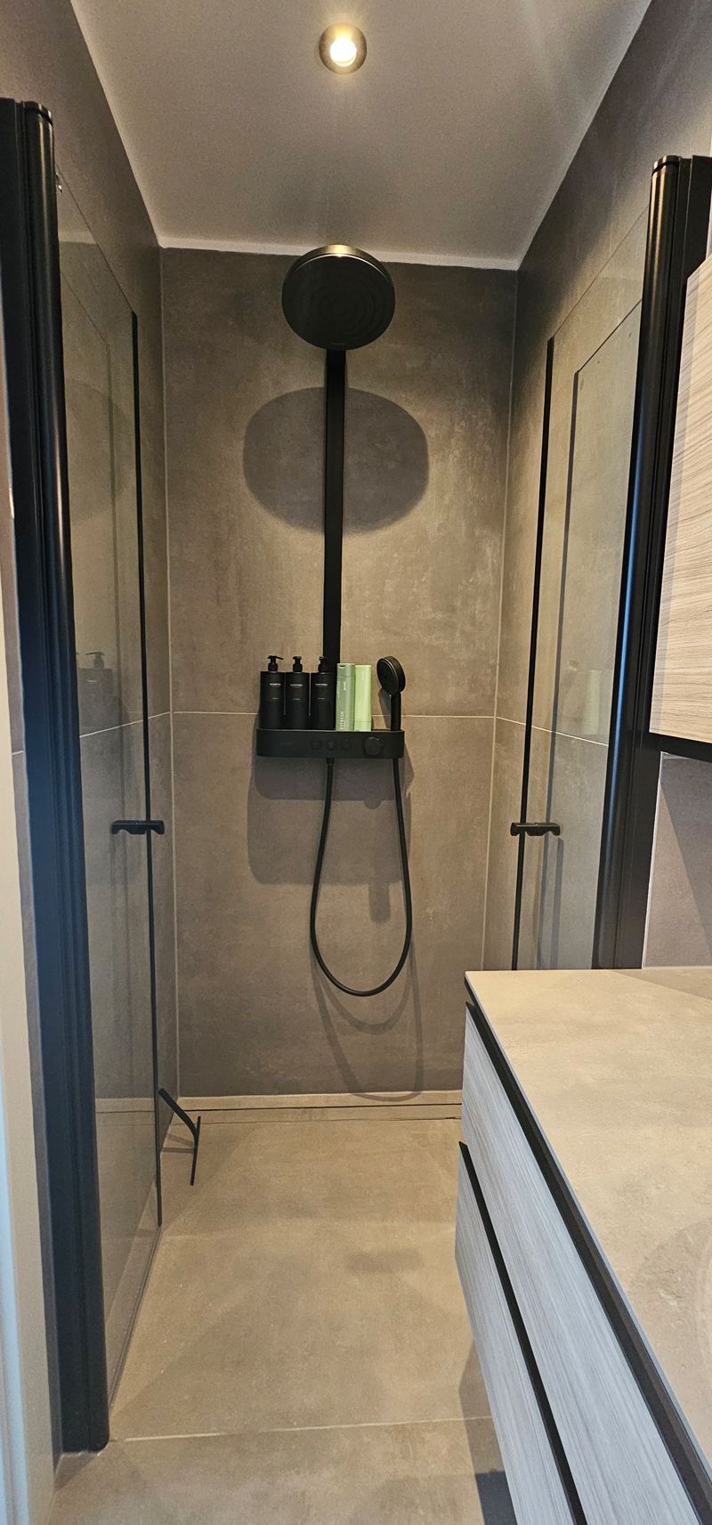 Ein Badezimmer mit Waschbecken, Spiegel und ebenerdiger Dusche.