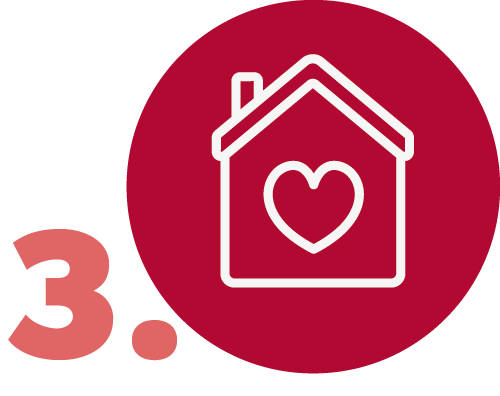 Un círculo rojo con una casa con un corazón dentro.