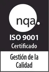 NQA ISO 9001 certification badge. White circle with 'nqa.' logo on black background.