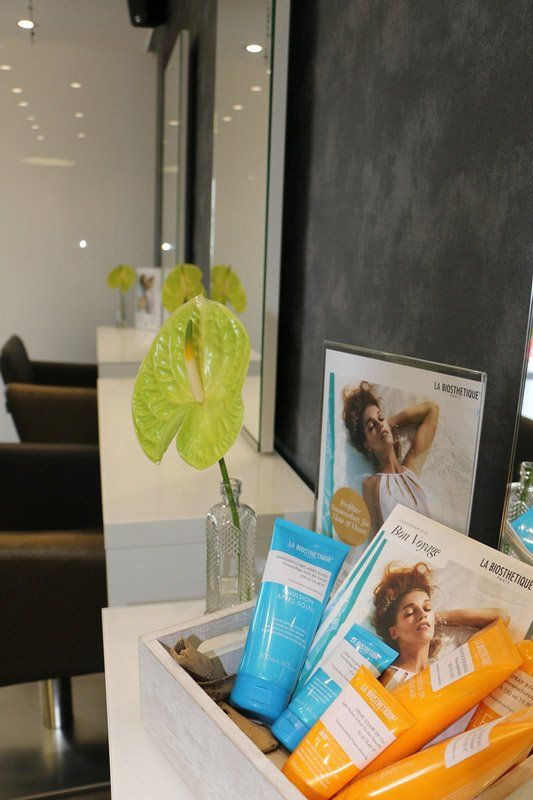 Friseursalon-Display mit Produktproben und einer grünen Blume.