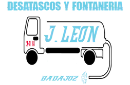 Logo de J. Le&oacute;n desatascos y fontaner&iacute;a, con cami&oacute;n de fontaner&iacute;a y texto &ldquo;Badajoz&rdquo; y &ldquo;24 h&rdquo;.