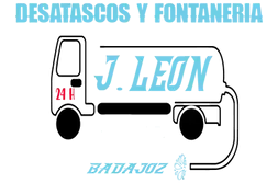 Logo de J. León desatascos y fontanería, con camión de fontanería y texto “Badajoz” y “24 h”.