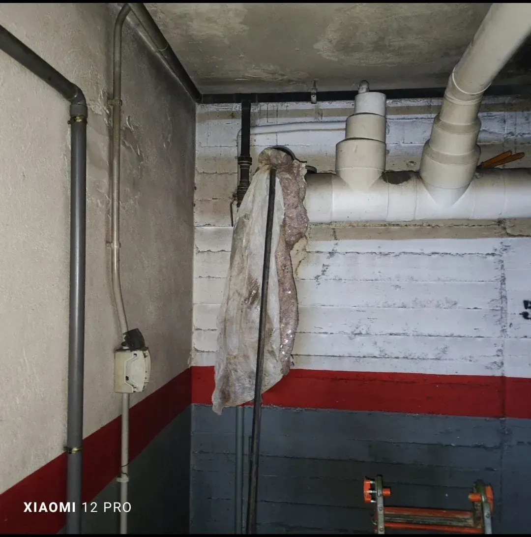 Rincón del sótano con tela colgada, tuberías expuestas y una pared pintada de rojo y gris.