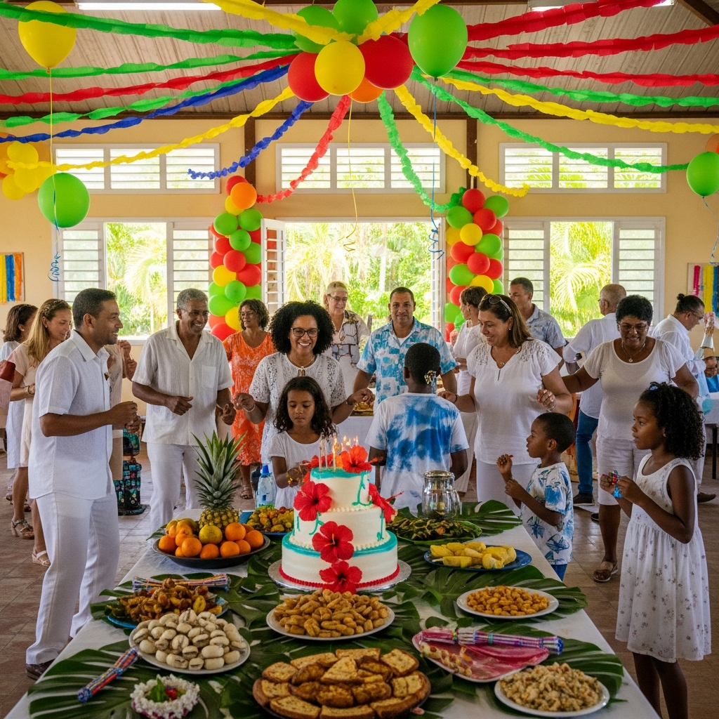 Des personnes vêtues de blanc se rassemblent pour une fête avec des banderoles colorées, des ballons et un gâteau à étages sur une table décorée.