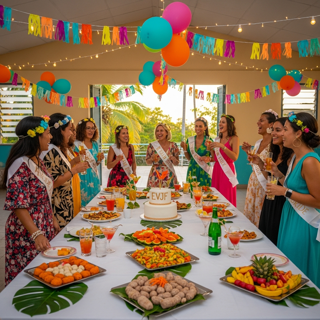 Un groupe de personnes portant des écharpes se tient derrière une table chargée de nourriture et d'un gâteau lors d'une fête décorée de ballons.