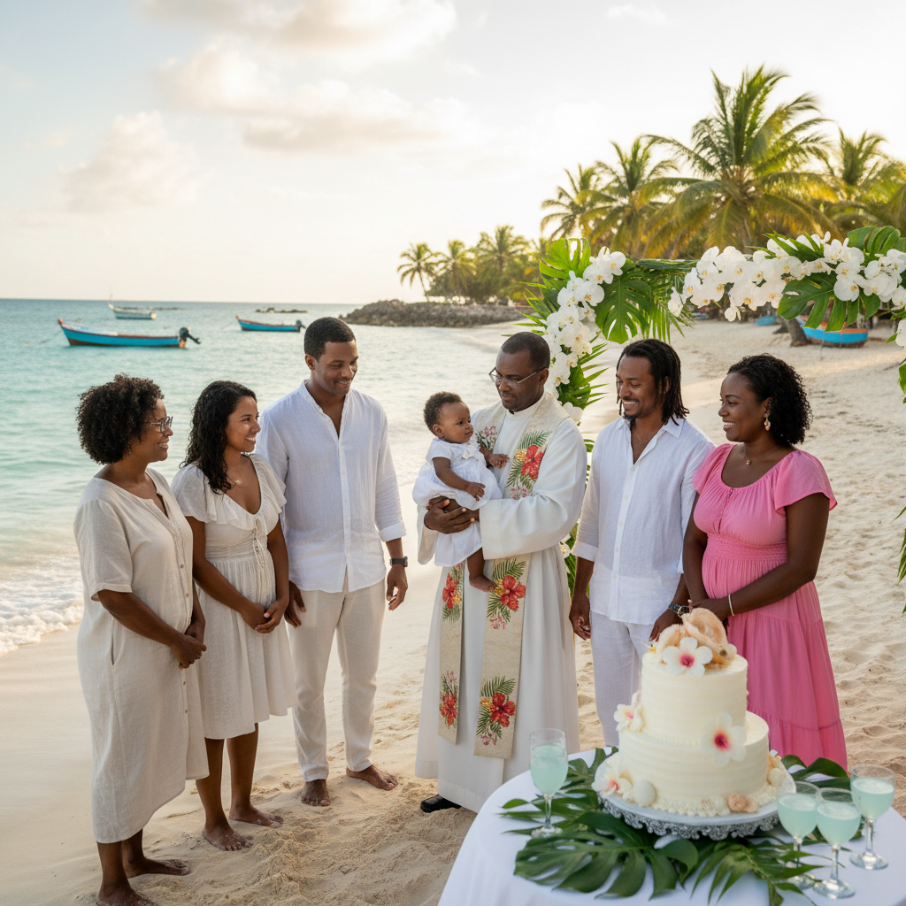 Un groupe se réunit pour un baptême sur la plage, à côté d'un gâteau de mariage, avec un pasteur tenant un bébé sous un décor floral.