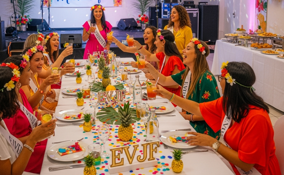 Un groupe de personnes portant des bandeaux et des écharpes fleuries célèbrent autour d'une table décorée d'ananas et de panneaux EVJF.