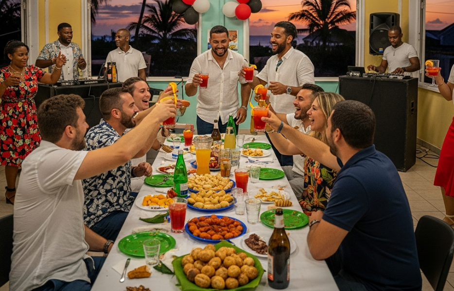 Un groupe de personnes trinque avec des boissons lors d'un dîner au coucher du soleil, assis autour d'une table garnie de divers amuse-gueules.
