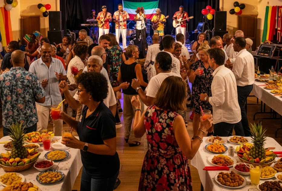 Un groupe de musique joue sur scène dans une salle de banquet bondée, où les invités se tiennent debout autour de tables remplies de fruits et de nourriture.